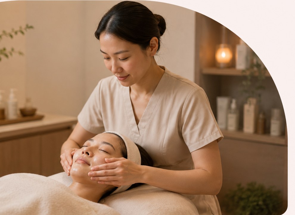 Asian facial therapist providing a personalised treatment to a client in a warm boutique skincare studio