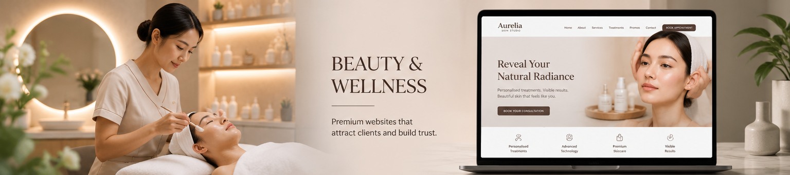 Beauty & Wellness concept featuring Asian people and a website mockup