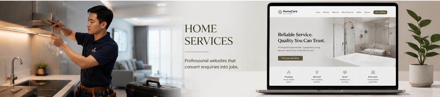 Home Services concept featuring Asian people and a website mockup