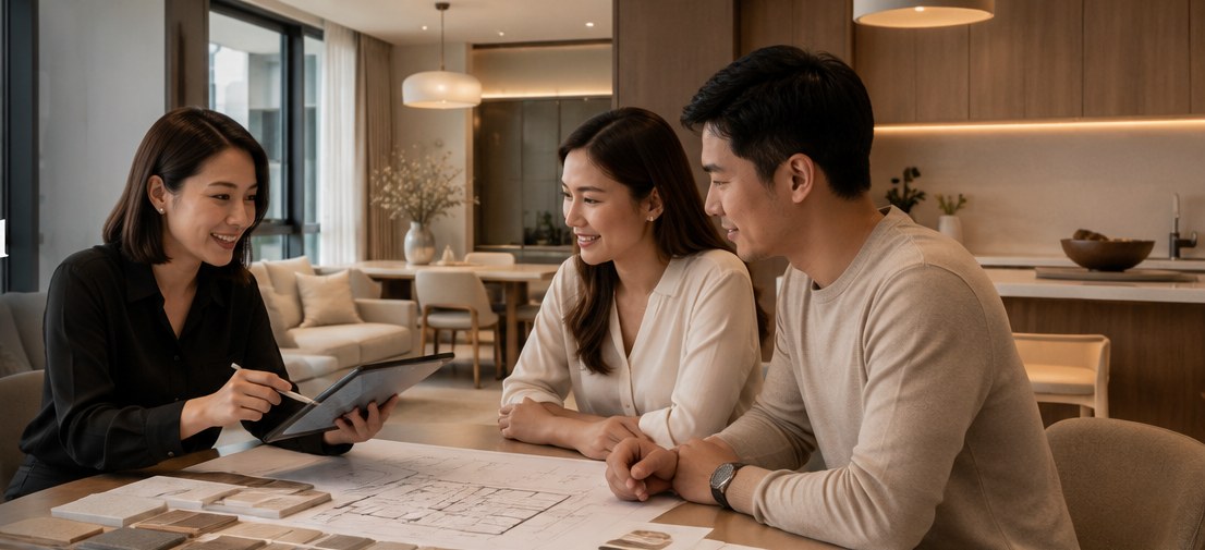 Asian interior designer presenting plans to a homeowner couple in a warm modern condominium