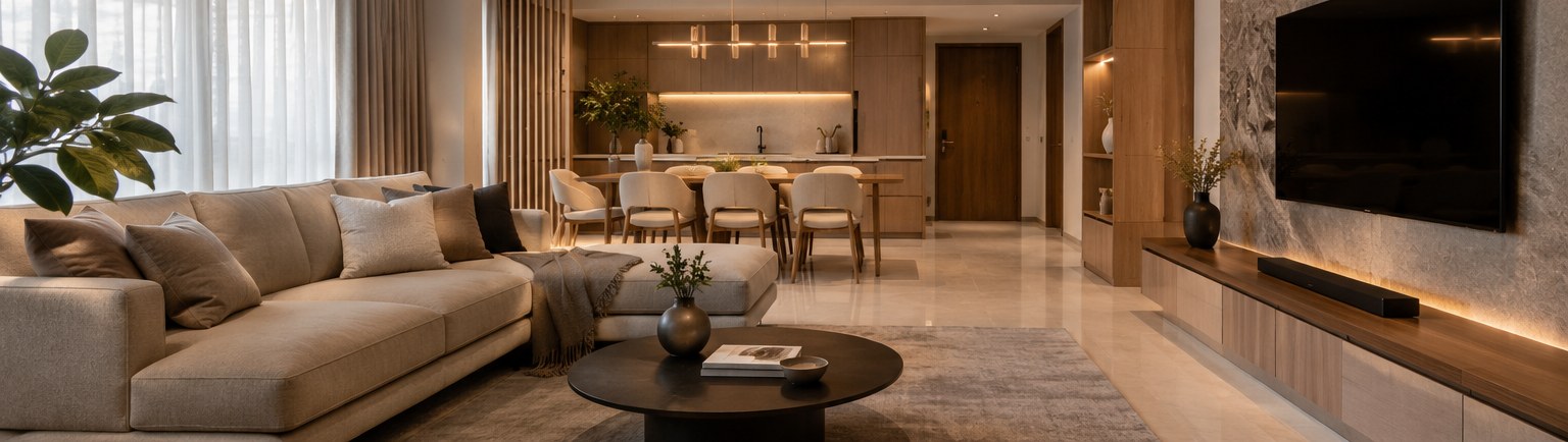 Completed warm contemporary living and dining space with natural wood, neutral furnishings and layered lighting